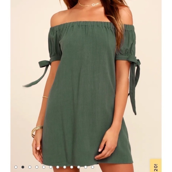 NEW Lulu’s Al Fresco Evenings Olive Green Off Shoulder Mini Dress Small Pullover - Picture 2 of 13